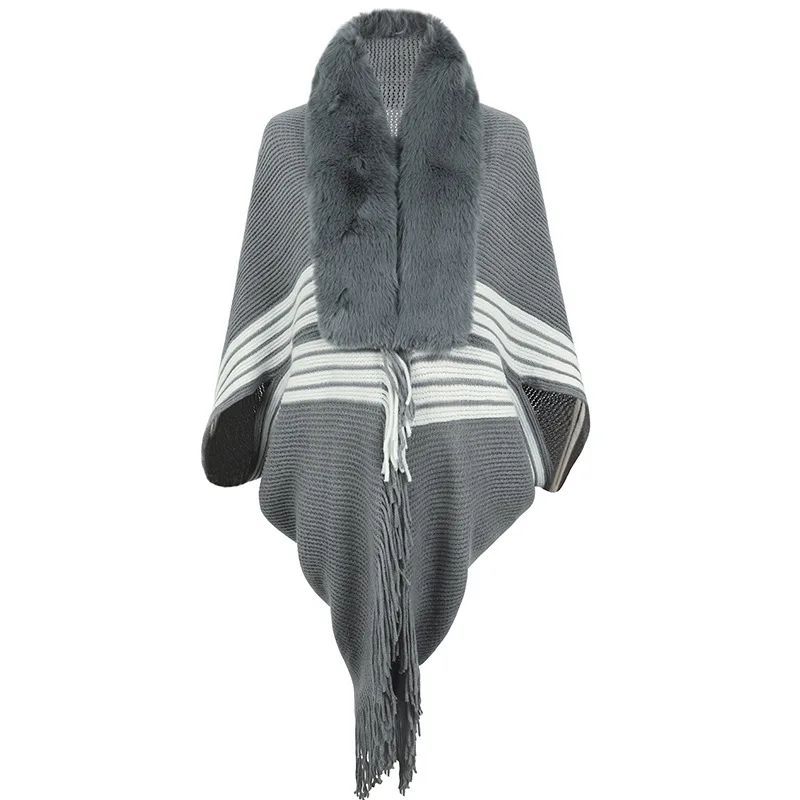 

Poncho Cloak Tassel Capes Shawl Women's Autumn Winter Knitted Stripe Imitate Wool Neck Scarf Fashion Coat Lady Cardigan Gray