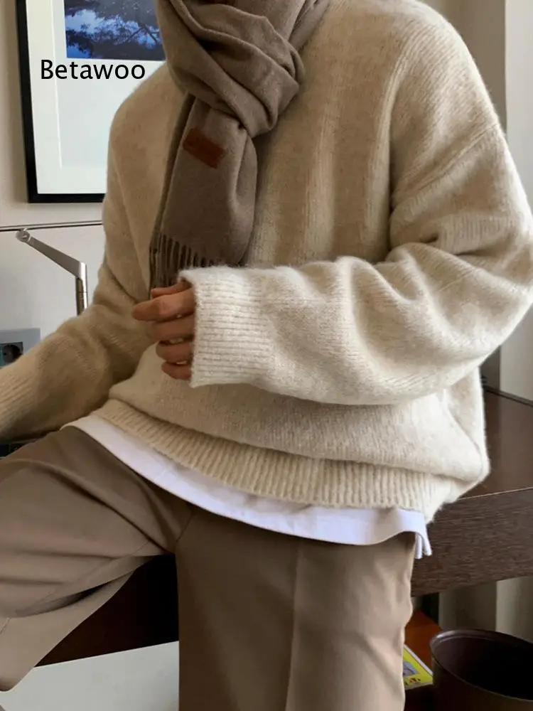Mens Solid Color Lazy Style Sweater Warm Undershirt Korean Fashion Loose Pullover Knitwear For Winter Daily Commute And Casual