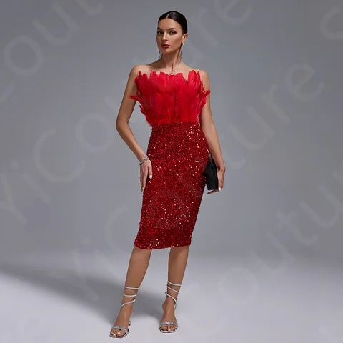 8 best sales röd fjädercocktailklänning - №4