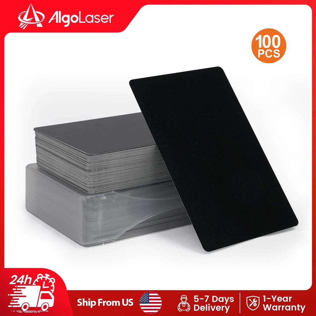 Algolaser - 100 Tarjetas de Visita de Aluminio Metálico Negro de 0,2 mm, Tarjetas de Presentación en Blanco para Grabado Láser, Suministros para Marcado Láser con Logotipo Personalizado