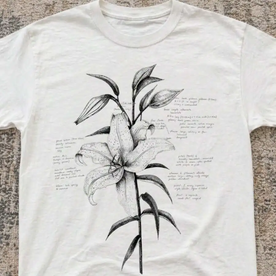 Unisex Casual Crew Neck T‑Shirt Retro Science Botanical Short Sleeve Top Vintage Lily Sketch Hand‑Drawn Flower Art Print Boho Daily Street Tees