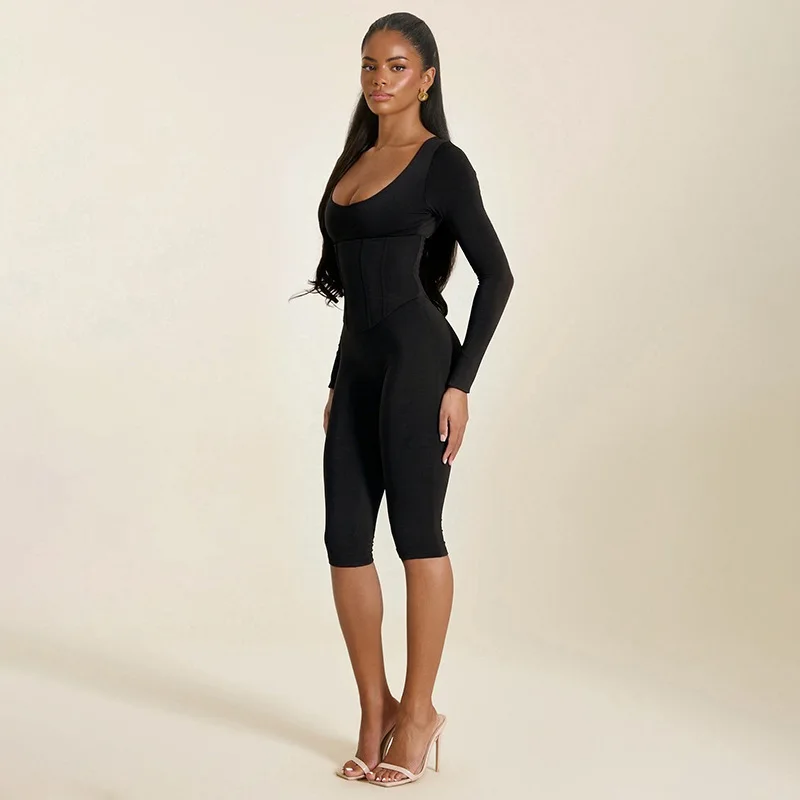 JENYAGE Y2K Spicy Women 2 Piece Outfit U Neck Long Sleeve Capri Jumpsuit With Corset Waist Trainer Sexy Bodycon Streetwear Set