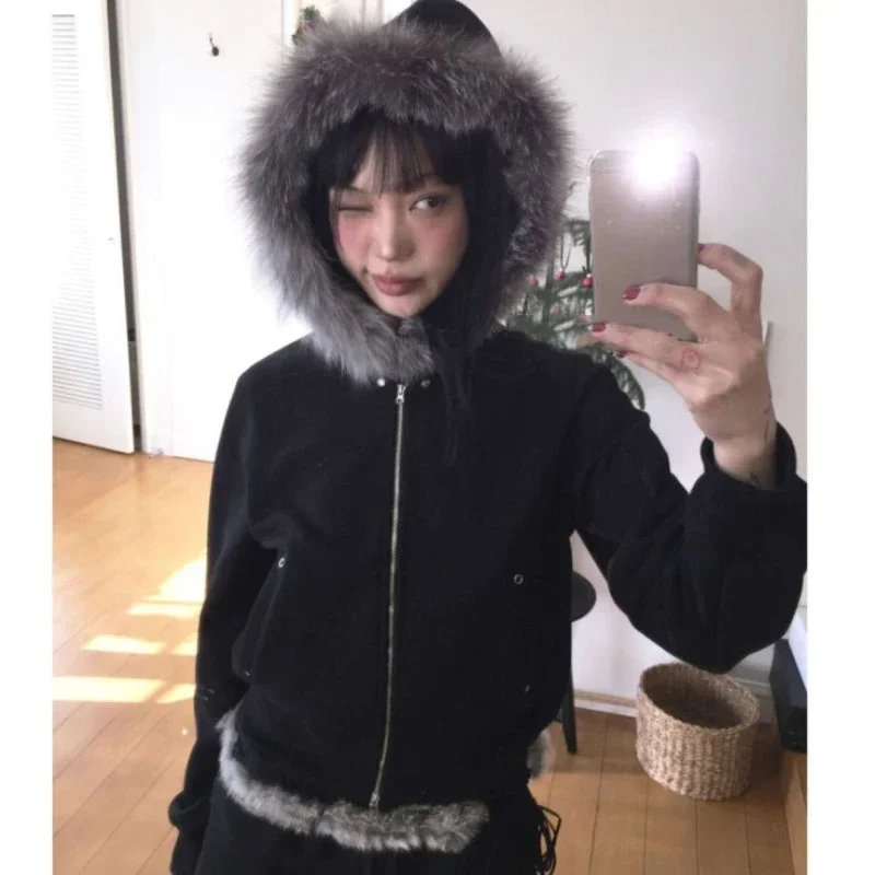 New Fur FPatchwork Fashion Sweatshirts American Vintage Punk Women Coats Popular Zipper Casual Hoodies Y2k Aesthetic Clothes