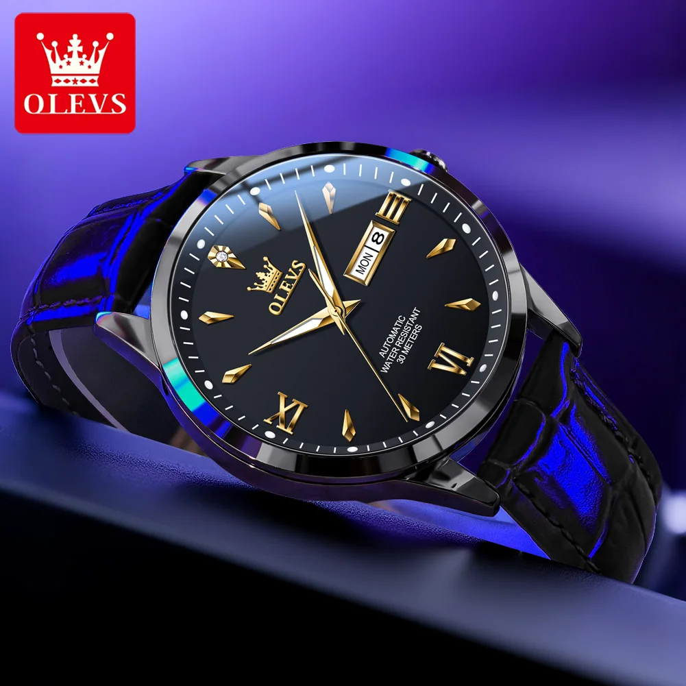 

OLEVS Business Automatic Mechanical Men Clock Date Week Waterproof Luminous Man Wristwatch Leather Strap Men's Watches Reloj+Box