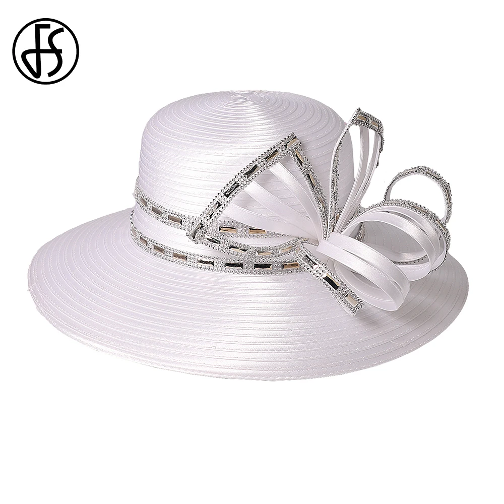 FS Elegant White Wide Brim Top Hats For Women With Bow Wedding Bridal Millinery Formal Occasion Female Church Derby Cap 2024