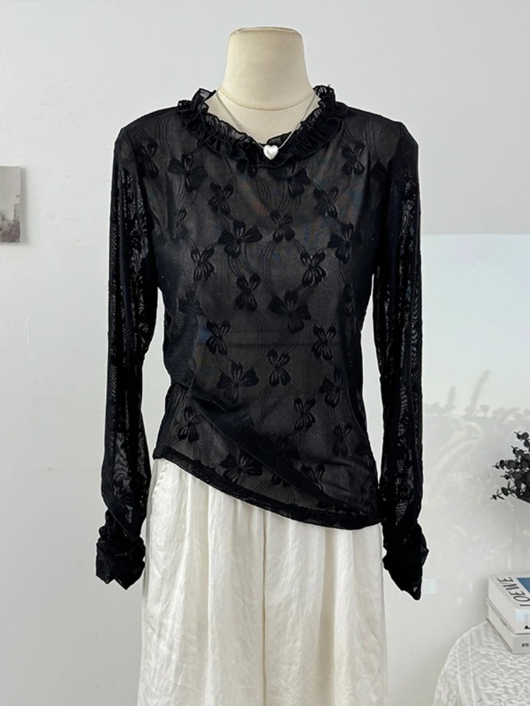 原宿ヴィンテージエレガントシックトップス女性スリムフィット長袖中空蝶シアーシャツカジュアルファッションオフィスレディブラウス