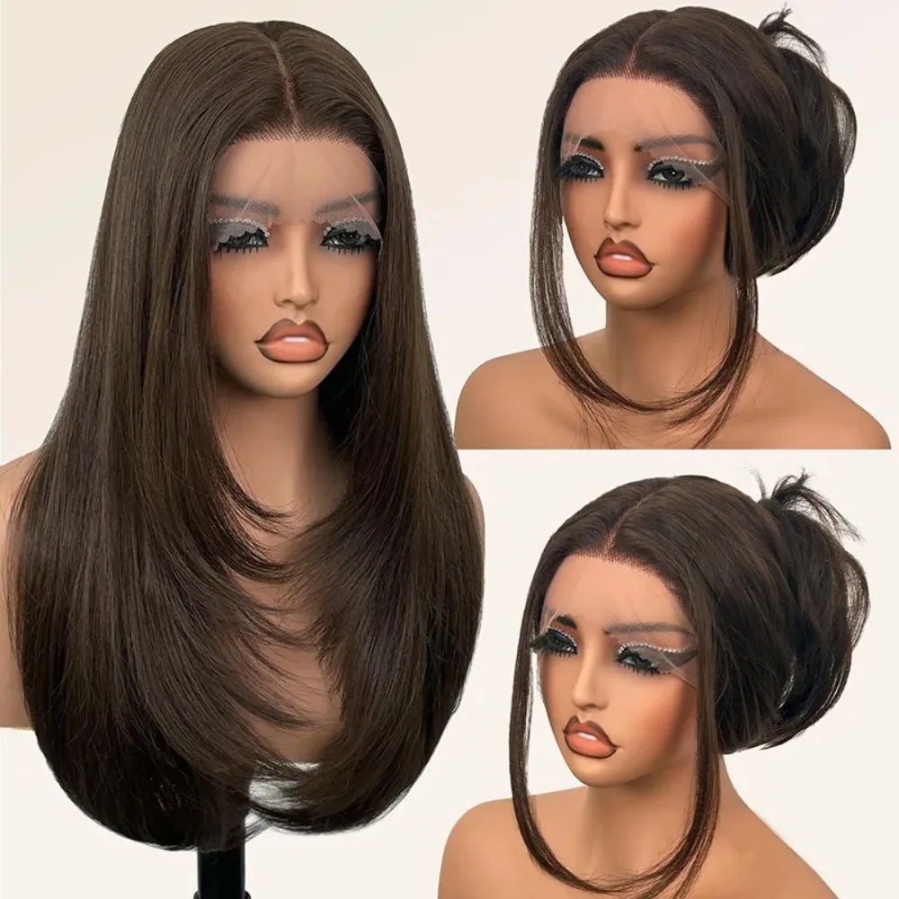 Front Lace Black Center Parting Long Straight Wig Woman Wear 24inch Button Net Chemical Fiber Filament Daily Wear Whole Wig