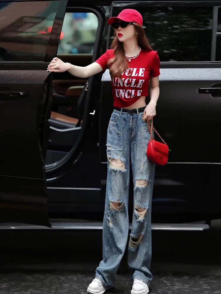 

Heavy Duty Rhinestone Distressed Wide Leg Denim Jeans High Waist Long Pants Summer New Gradient Color Street Style Vertical S...