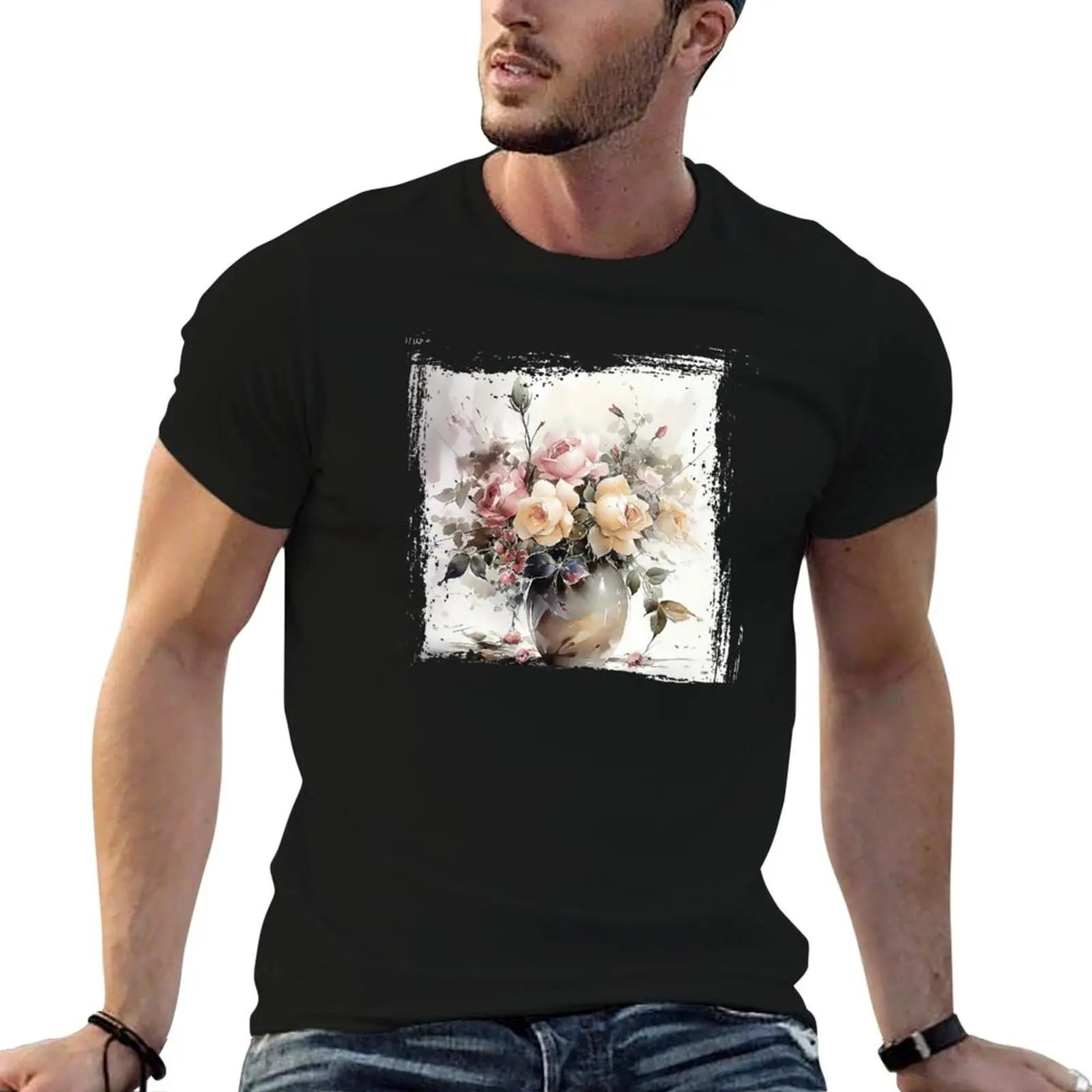 Beautiful and bright watercolour bouquet of flowers. T-Shirt anime quick-drying anime shirts men