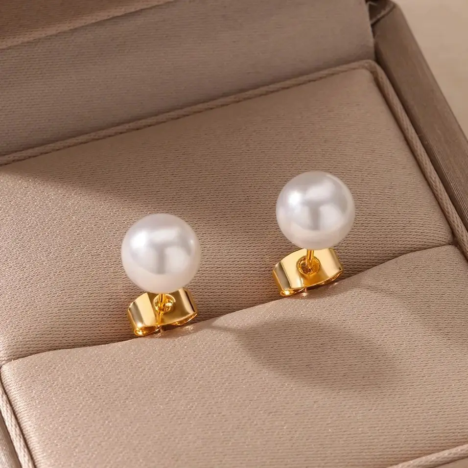 Fashion Imitation Pearl Earring For Women Stainless Steel Gold Color Round Pearl Earring Waterproof Party Aesthetic Jewelry Gift