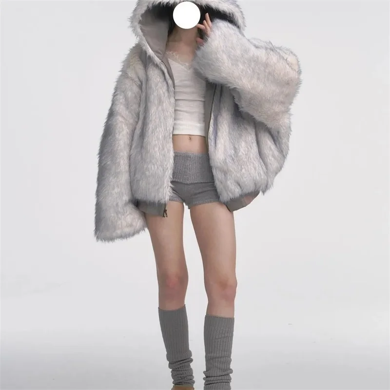 2025 Ｎnová dvojitá ledově modrá špičatá letecká bunda z umělé kožešiny, šetrná k životnímu prostředí, zateplenější s čepicí - náhled 3