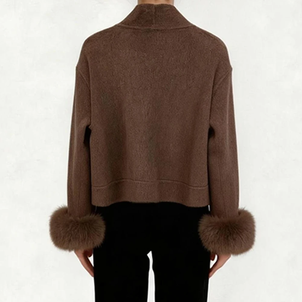 OFTBUY Elegante Warme Oberbekleidung Damen Luxus Doppelseitiger Wollmantel Winter Offene Fronttasche Echte Fuchspelz-Manschetten Wollmantel – Detail 5