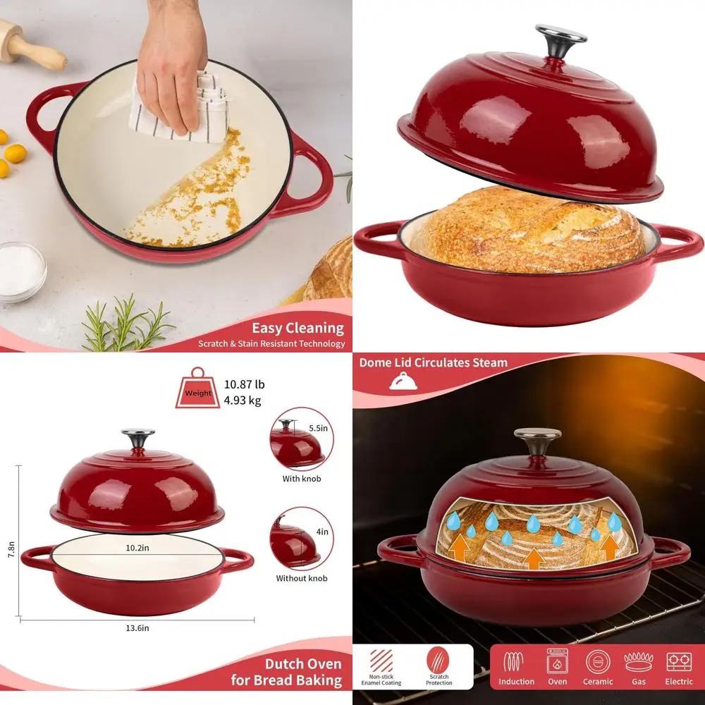 

Enameled Cast Iron Bread Dutch Oven, 5.4 Qt, 25 cm, Red, Ideal for Sourdough, Oven Safe to 500°F