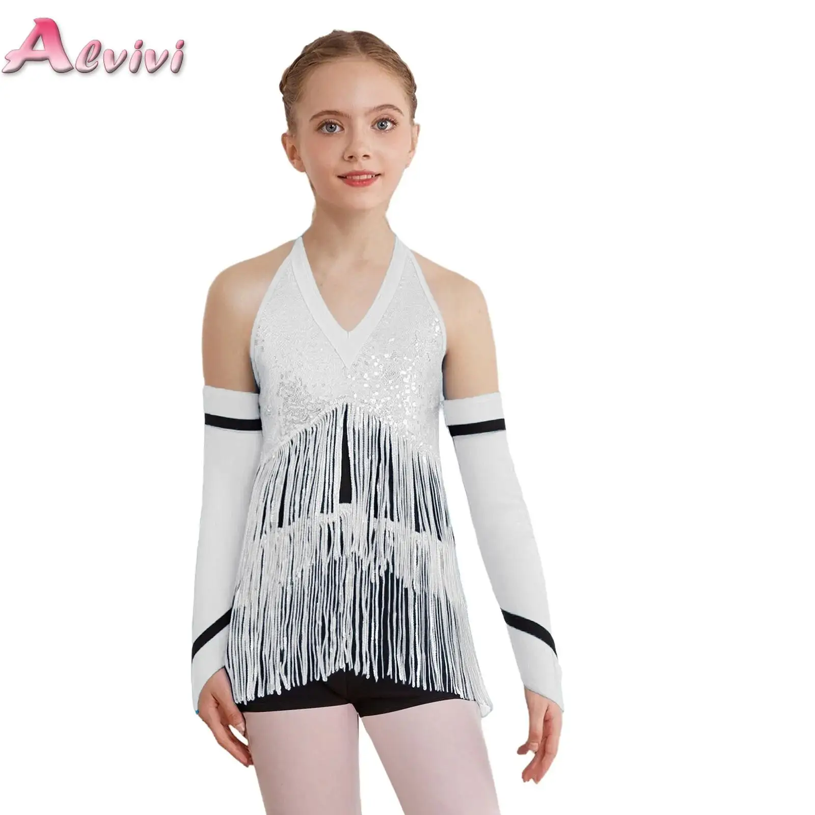 

Kids Girls Tassel Latin Dance Jazz Leotard Dress Fringed Bodysuit+Gloves Outfits for Tango Cha-Cha Salsa Ballroom Performance