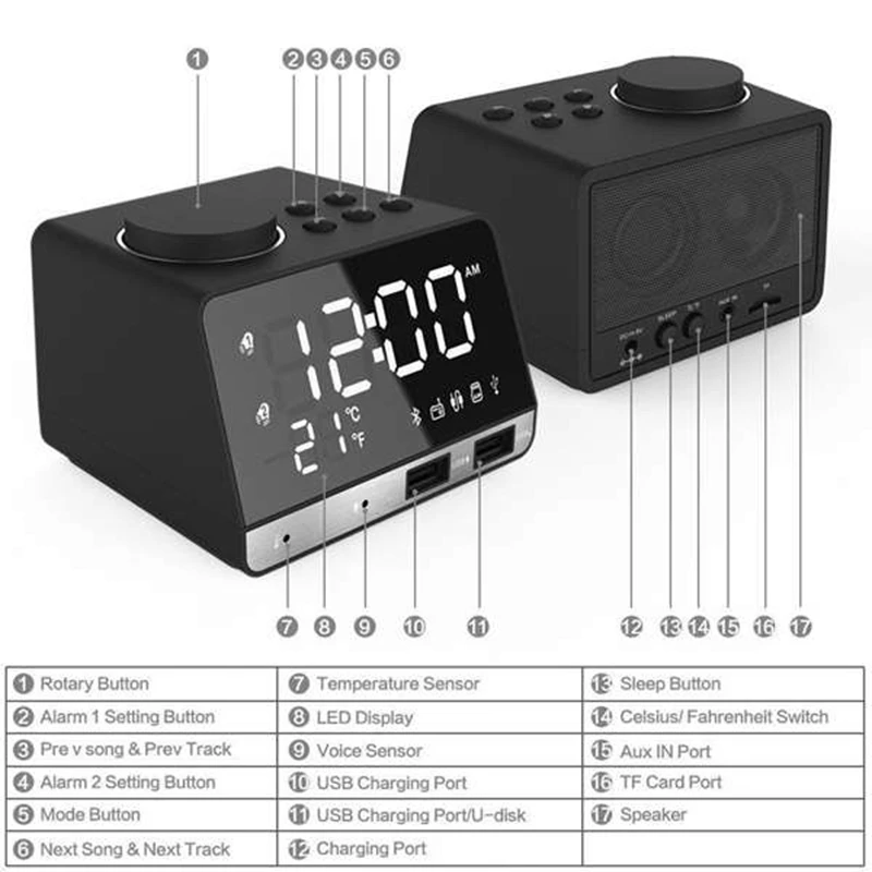 New Alarm Clock FM Bluetooth LED With 2 USB Port,Support TF Card,UK Plug