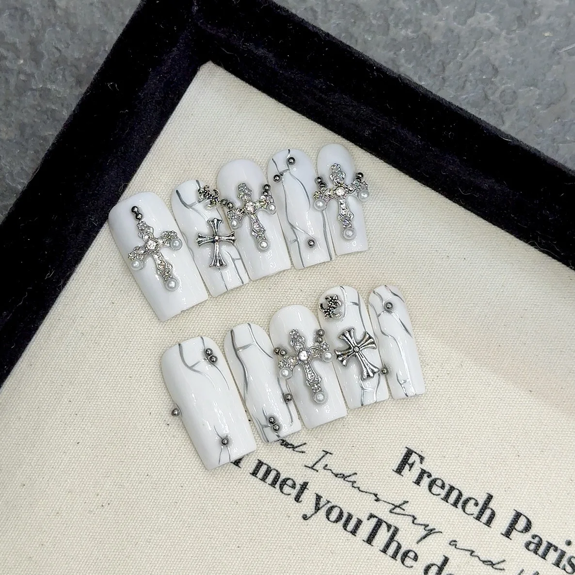 

White Armor Cross with Diamonds Hand-Painted Niche Sexy Style Fashion Manicure (025)