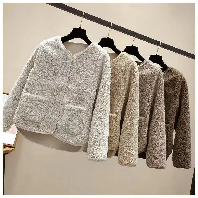 

2024 Autumn and Winter New Fashion Casual Wool Coats Lamb Jacket Zipper Pocket Pellet Fleece Coat Women