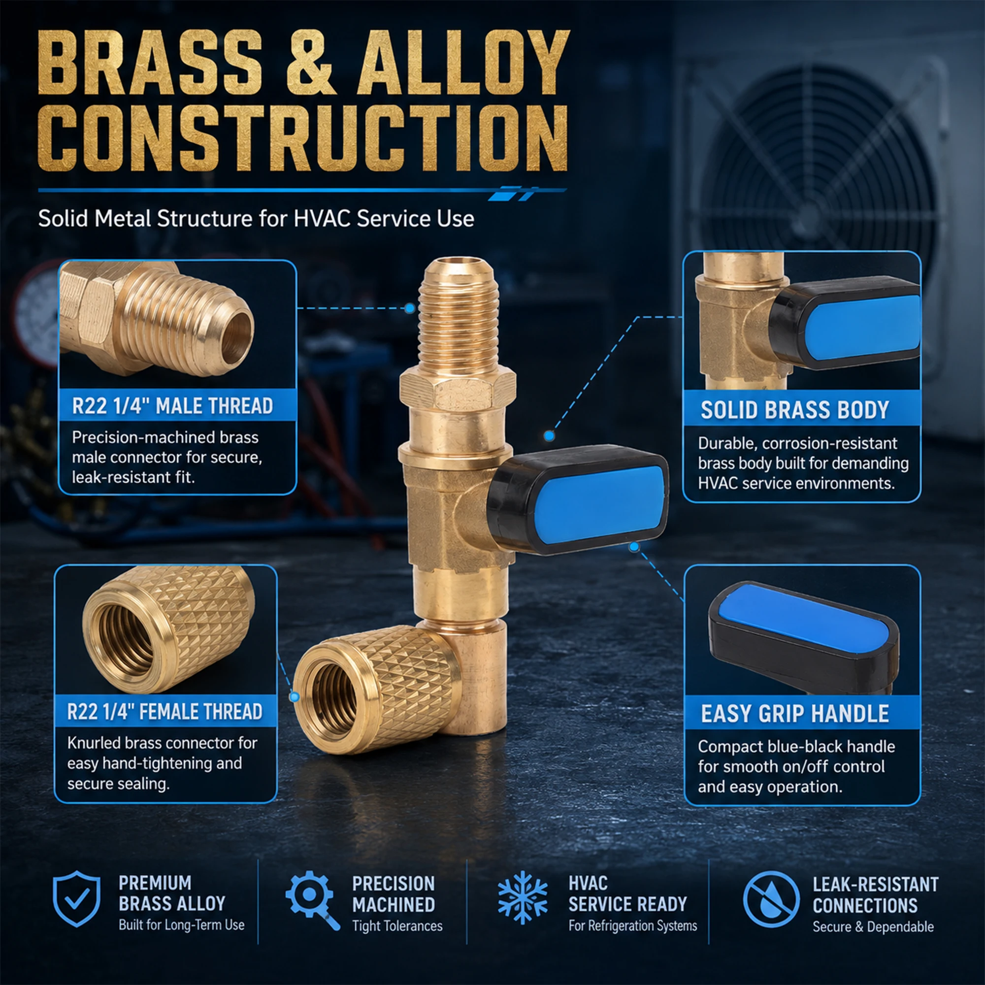 Électrovanne HVAC Right Angle Ball Valve 1/4 SAE, Brass Vacuum Shut Off Valve for R22 R12 R134a R404A Refrigeration AC Service Repair Tool Autres vannes — détail 3