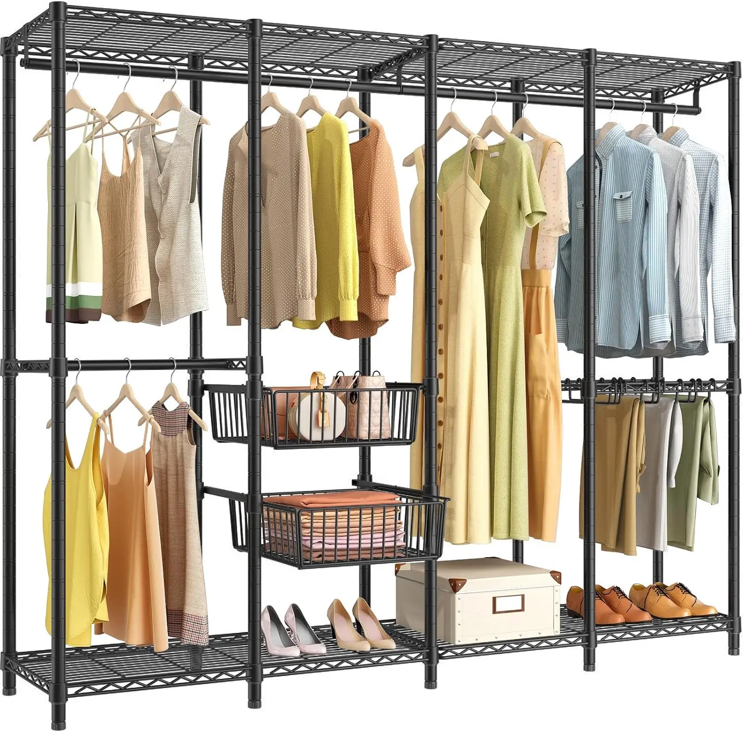 Closet Wardrobe Heavy Duty Clothing Rack with 2 Sliding Storage Baskets & 10 Pants Hangers, Freestanding Clothes Rack Large Clos