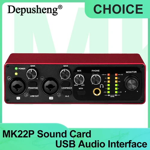 Imagen 1 del producto Tarjeta de sonido profesional Depusheng MK22P interfaz de Audio USB 48v fuente de alimentación fantasma para estudio en vivo Streaming Podcasts