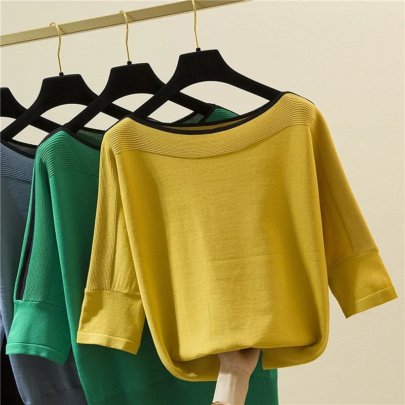 Fashion Ice Silk Knitted T-shirt Women Half Sleeve O Neck Simple Tshirts Woman Summer Woman Tops Casual Loose Lady Tees Clothes