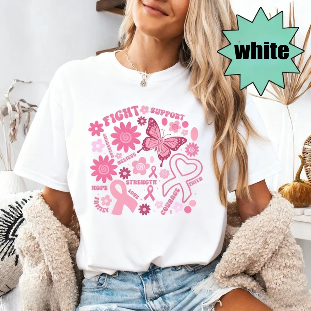 Fight Breast Cancer Shirt Support Breast Cancer Warrior T-Shirt Pink Ribbon TShirt Cancer Survivor Women Clothing Cotton Tops