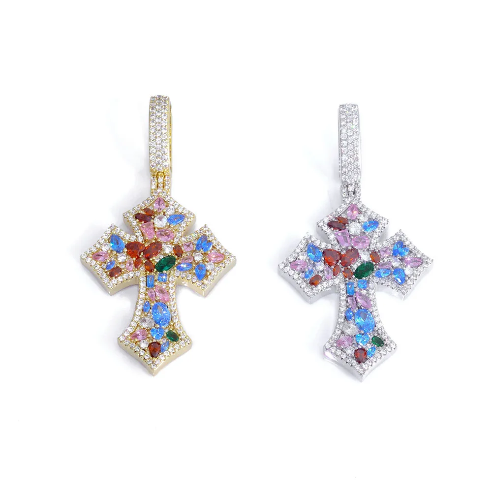 Hip hop Pop Pendant Necklace Colored Diamond Cross Cuban Rope Chain Solid Brass Gold Plated Silver Plated Jewelry