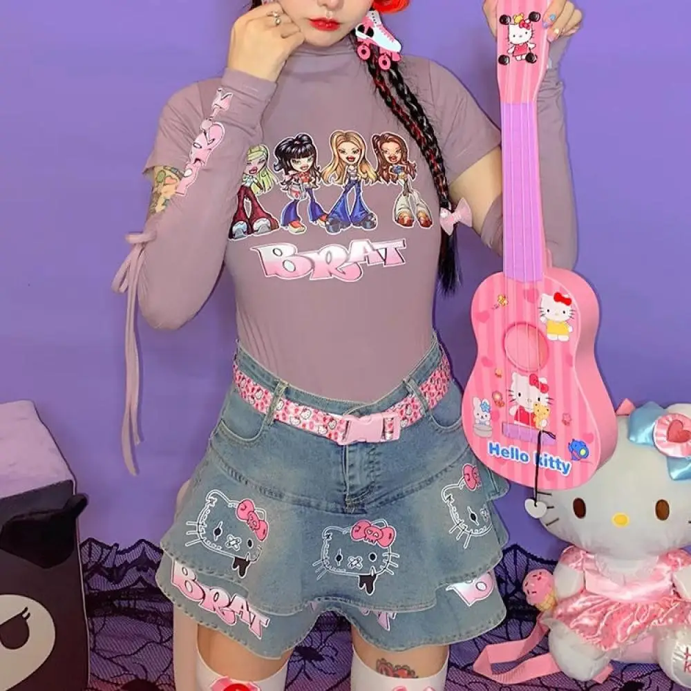

Cute Denim Skirt Y2K Hello Kitty Sexy Hot Girls Printing Graffiti Skirt Sanrio Cartoon Women's High Waist Cake Skirt Girls Gift
