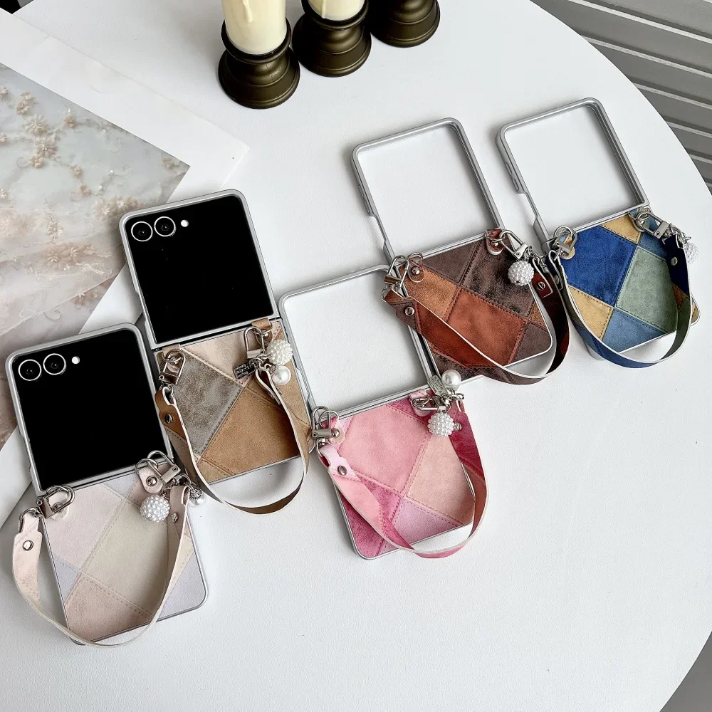 퓨전 비즈니스 슬레 블라 컬러 콜리전 손목 스트랩 끈 가죽 폰 케이스 삼성 갤럭시 Z 플립 7 6 5 4 3 보호 커버