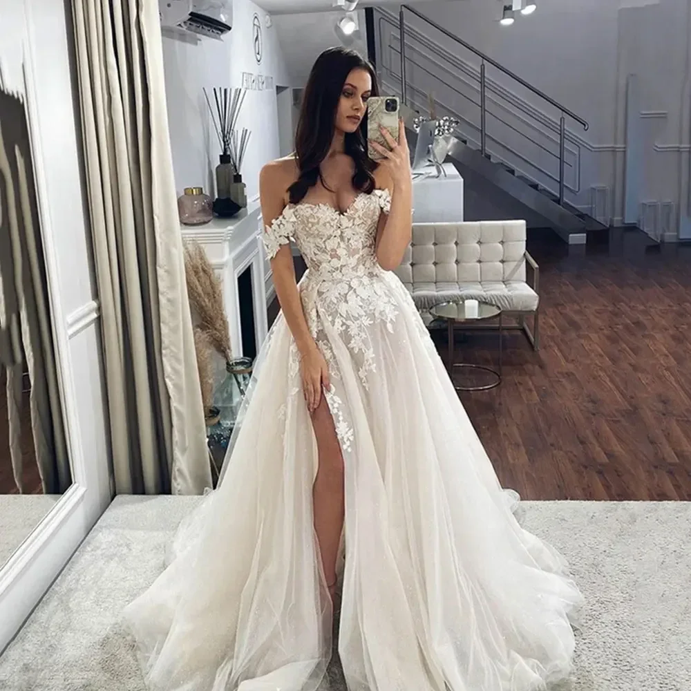 Flavinke Customzied Lace Wedding Dresses Women Off Shoulder Sweetheart Neck Bridal Gowns Side Split Appliques Wedding Party Robe