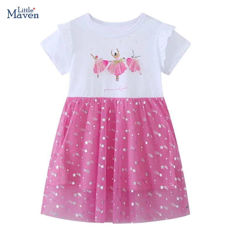 Little maven Kids Clothes Baby Girls 2025 New Cartoon Children's Clothing Summer Birthday Ballet Dancer Mesh Dresses 2-7 Years