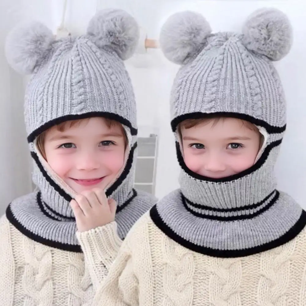 Children Hat Children's Plush Ball Knitted Hat Thickened 3-in-1 Scarf Face Guard Elastic Windproof Headgear for Winter Outdoors