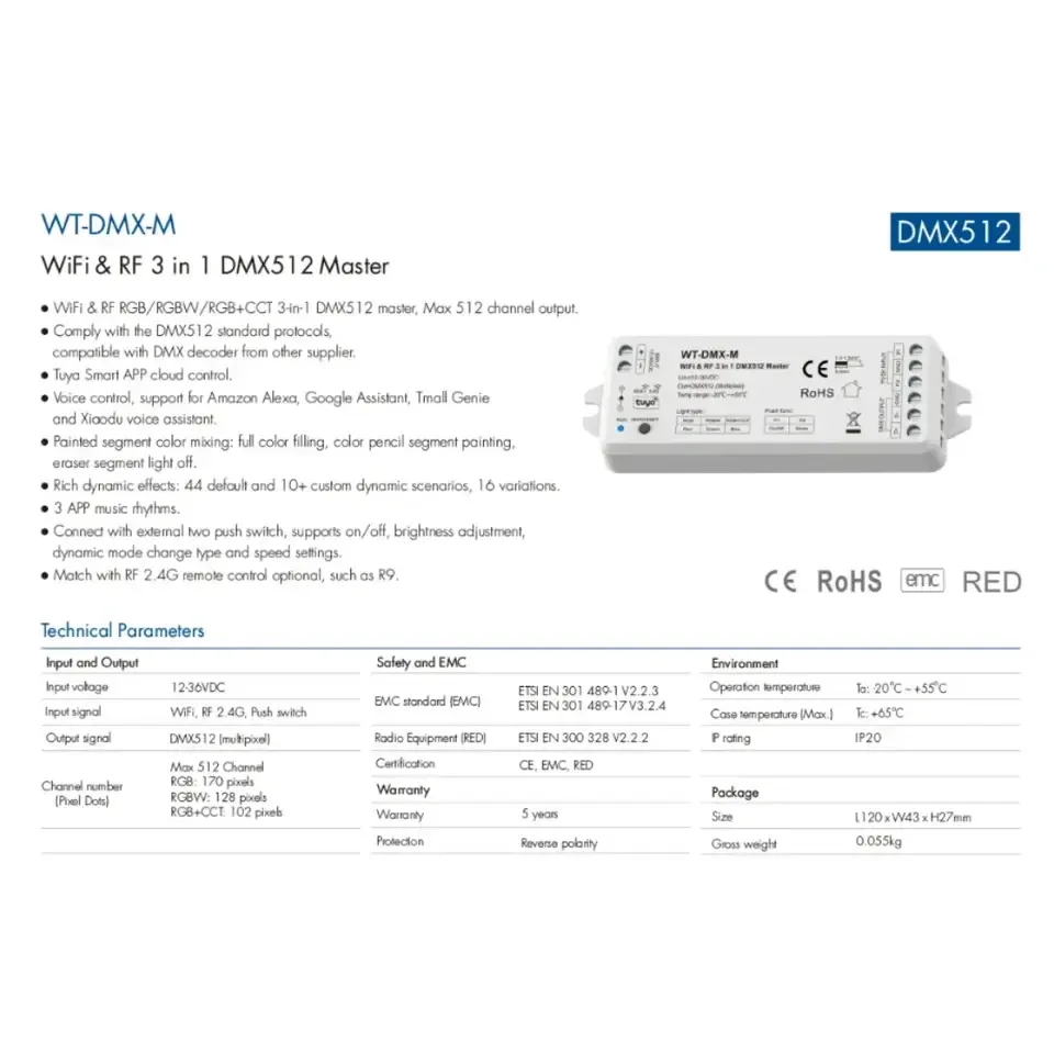 WiFi & RF 3 in 1 DMX512 Master WT-DMX-M RGB/RGBW/RGB+CCT DMX controller