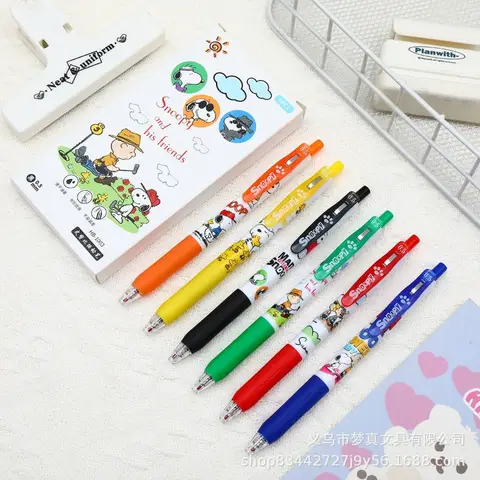 6pcs New Snoopy Pen Stationery Cute Student Quick Drying Press Neutral Pen Student Cartoon Black Water Pen Gift