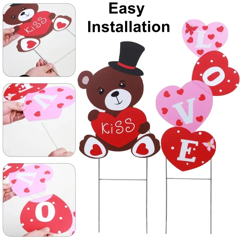 

Plastic Stakes Outdoor Decor Valentines Yard Signs Decorations Valentines Day Love Bear Heart Celebration Ornament