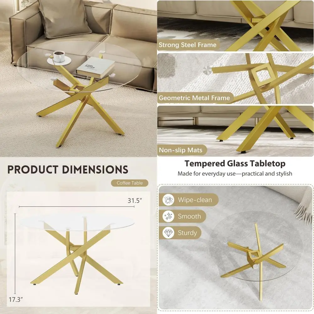 Modern Geometric Gold Frame Round Coffee Table, Minimalist Decorative Glass Top for Contemporary Living Spaces