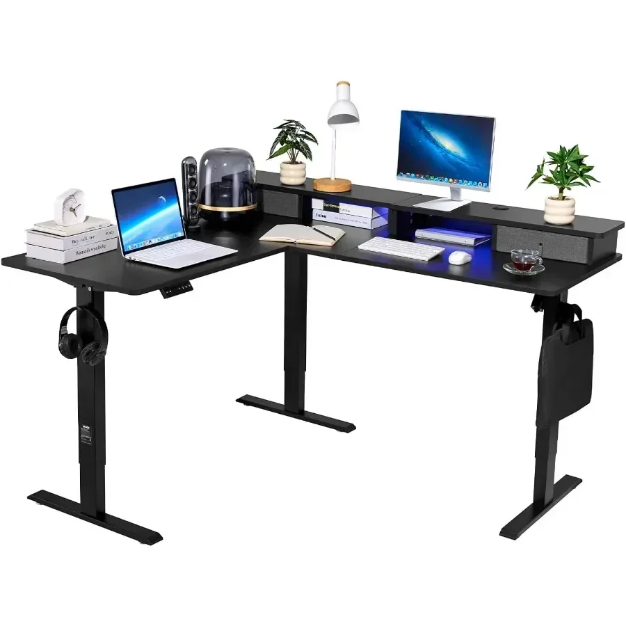 L Shaped Electric Standing Desk with 2 Drawers, 63 x 55 inch Adjustable Height Corner Desk with Storage, Sit Stand up Computer