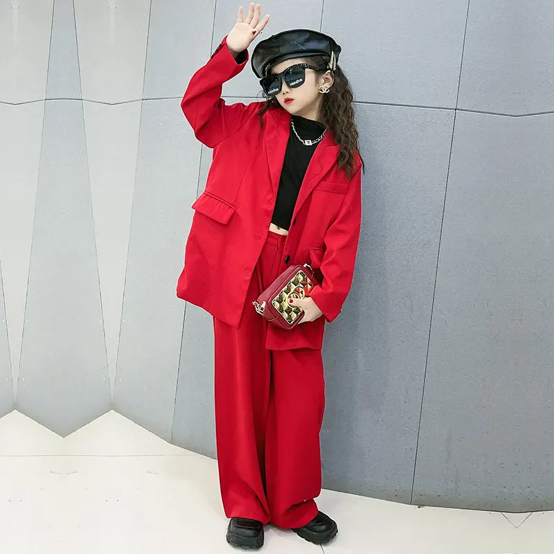 Girls Red Blazer Suits Clothing Sets Spring Autumn Kids Jackets+Pants Fashion Loose Formal Teenager Casual Outfits 5-14Years Old