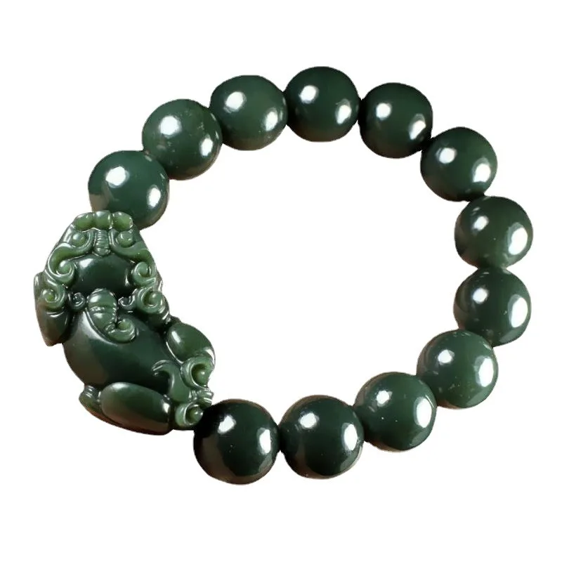 Natural Hotan Pixiu Jade Bracelet Men And Women, Tower Green Bead Jewelry