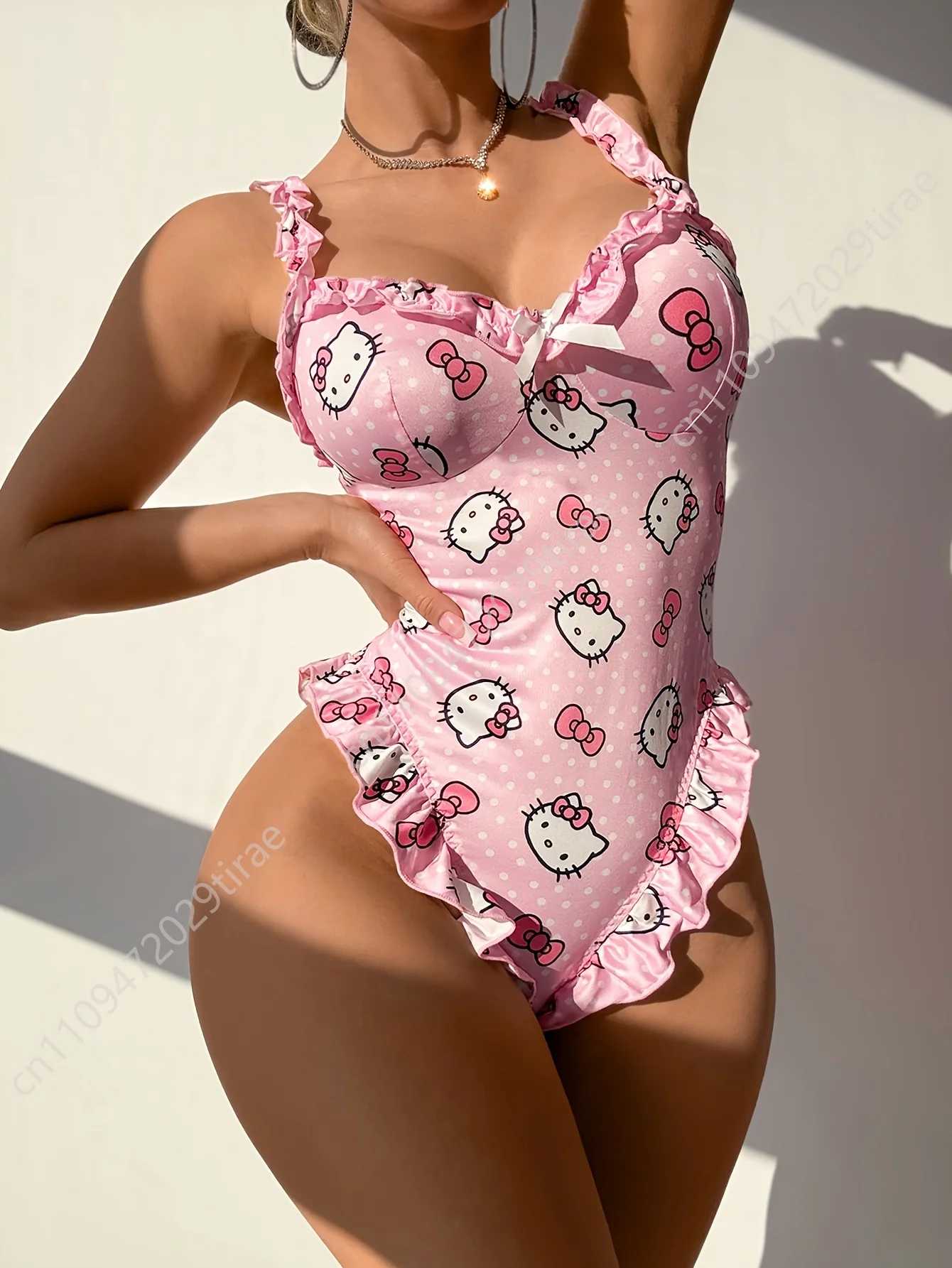 

Sanrio Women'S Cute Pink Hello Kitty Print Bodysuit, Ruffle Trim Spaghetti Strap Teddy Bodysuit, Kawaii Sweet Sleepwear for Wome