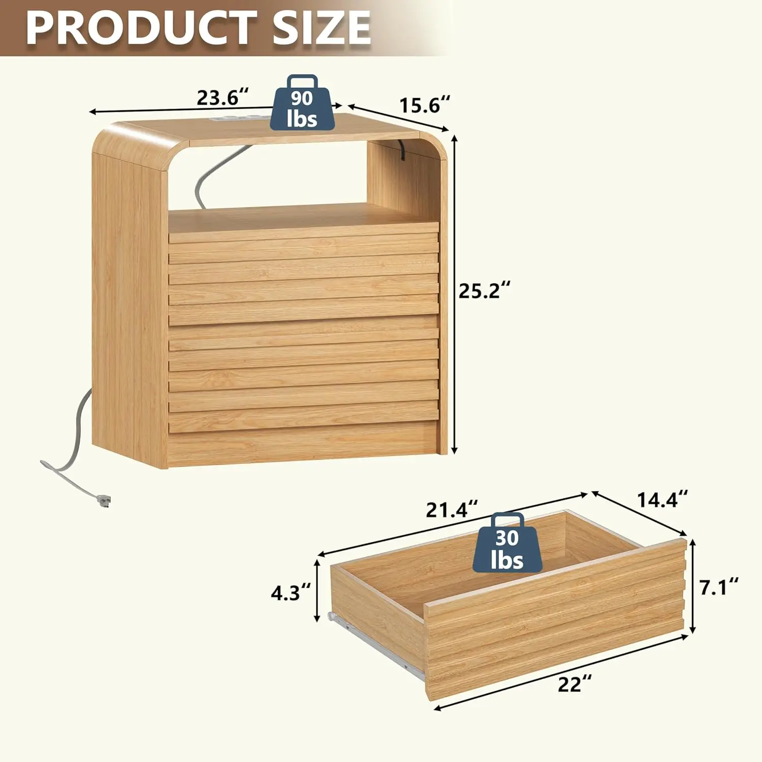 Nightstand with Charging Station, 23.6