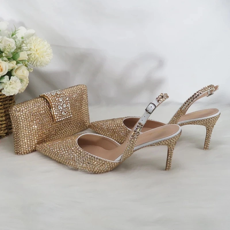 

Summer Women Pointed Toe Wedding Shoes and bag set Bridal Champagne Gold Sandals Thin heels 9cm Slingbacks High Pumps Handbag