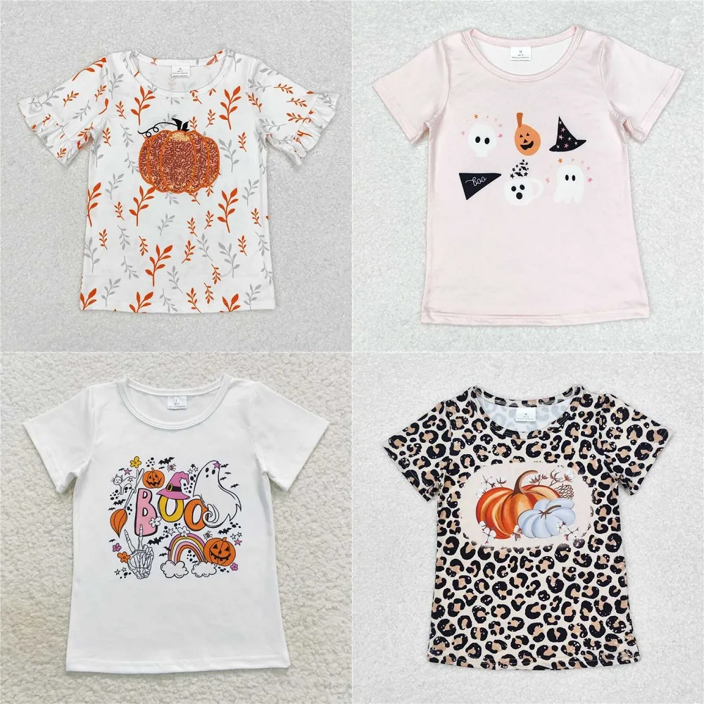 Wholesale Fashion Baby Girls Short Sleeve T-shirt Boutique Kids Girls Clothes Leopard Toddler Girls Halloween Pumpkin T-shirts