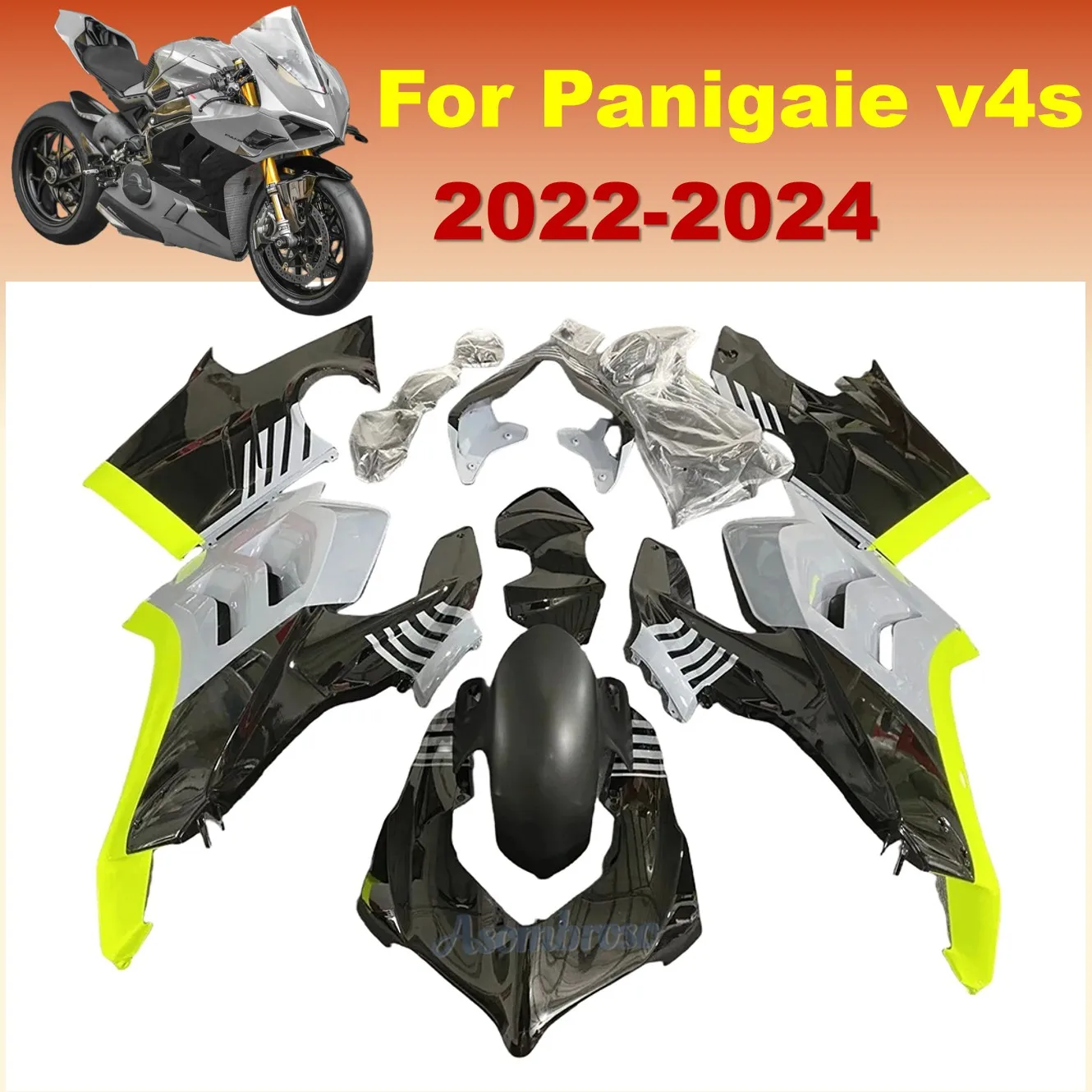 

Black Grey Fairing kit For Ducati V4 V4S V4SP V4R 2022 2023 2024 PANIGALE V4 3D V4 / V4R / S / SP2 Fluorescent Stripe
