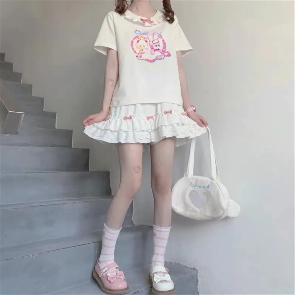 Ruffle Lace Bow Patchwork Kawaii White Mini Skirts Women Harajuku Elastic High Waist Pleated Skirt Japanese Sweet Lalita Girl