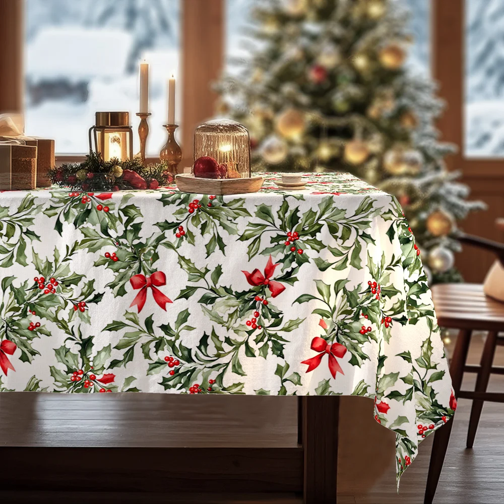 Single Pack, Christmas, Romantic Floral Tablecloth, White Decoration, Holly Leaves with Red Bow Pattern, European Traditional Style Suitable for Dining Rooms, Gatherings, Parties, Family Meals, Holidays, Outdoor Events, Picnics, Available in Round