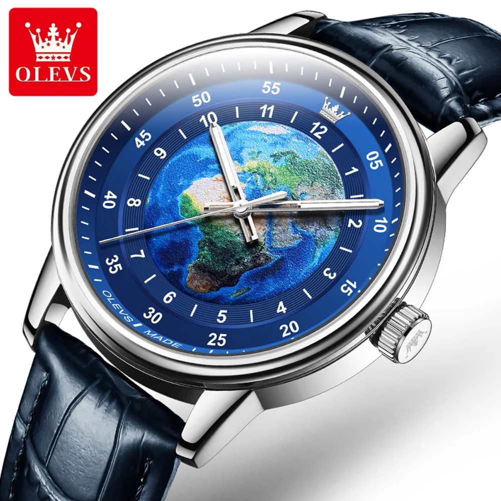 

Olevs Original Men's Watch Fashion Blue Planet Dial Quartz Wristwatch Casual Leather Strap Waterproof Luminous Hand Female Watch