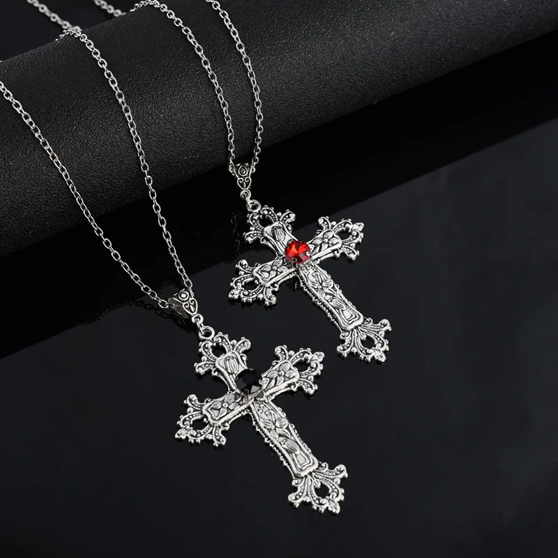 Y2K Vintage Baroque Christian Cross Necklace for Women Men Silver Color with Red Crystals Gothic Crucifix Easter Unisex Jewelry