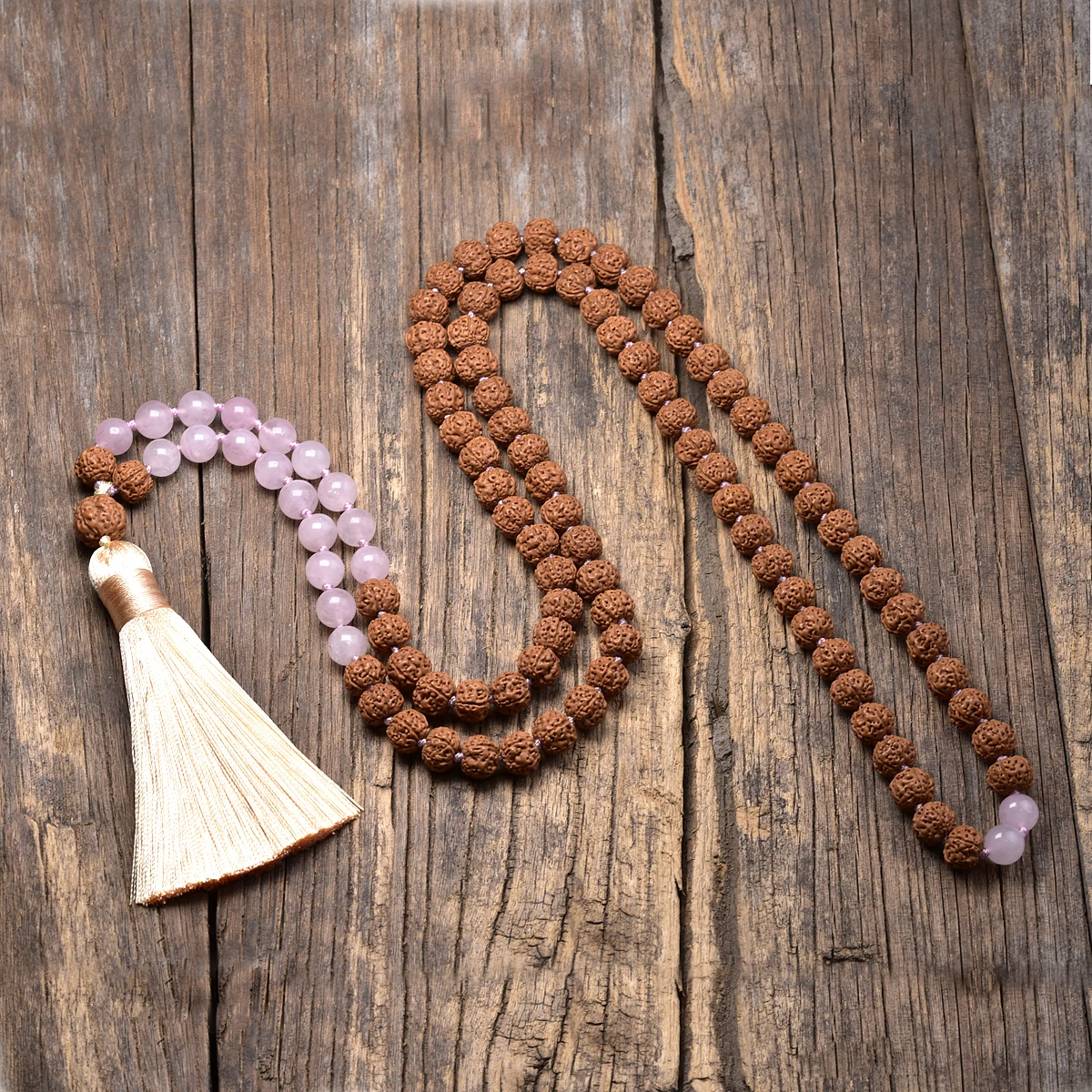 Meditation Original Rudraksha 108 Japamala Necklace With Rose Quartz Beaded Symbol of Divine Protection and Spiritual Mala