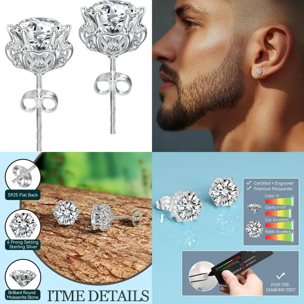 

Серьги-гвоздики из стерлингового серебра с кластером цветов в форме сердца и муассанита, цвет D, VVS1, гипоаллергенные серьги круглой огранки для чувствительных ушей